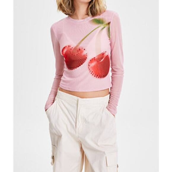 Beaded Cherry Print Sheer Mesh Top Women XL Y2K Coquette Indie Sleaze Pink Crop - Picture 6 of 8